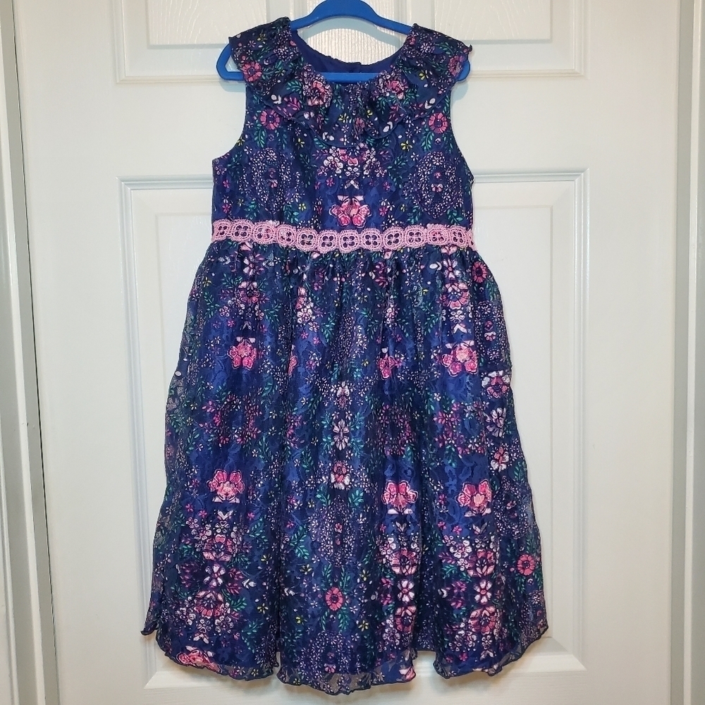 Laura Ashley London Girls 6x Floral Lace Overlay Fit & Flare Navy Pink Dress